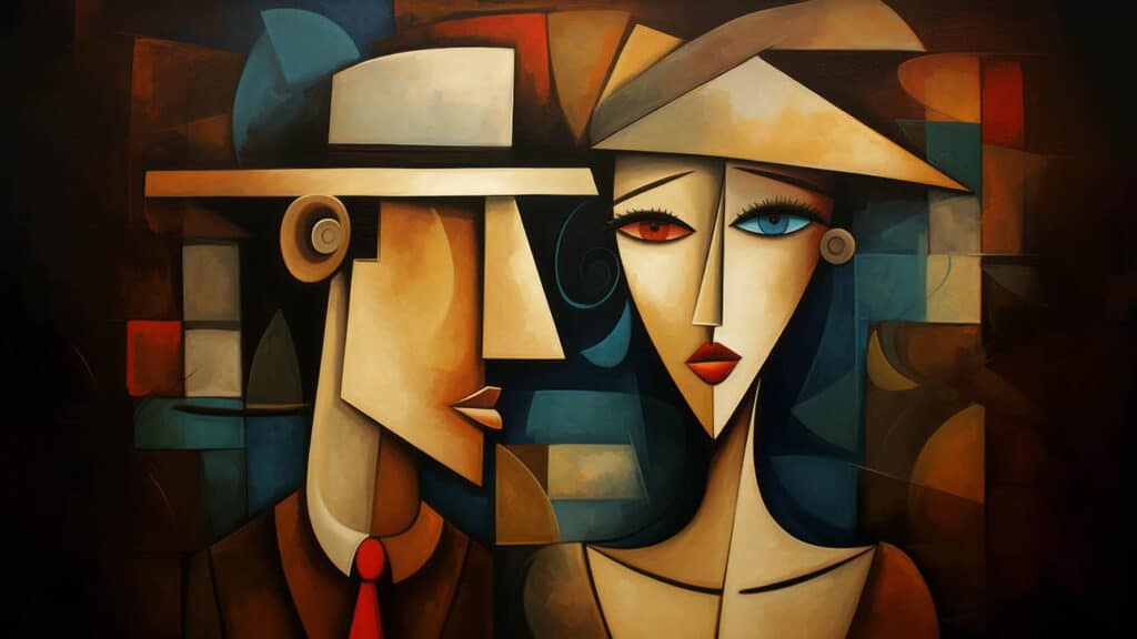 man and woman, colorful, cubism
